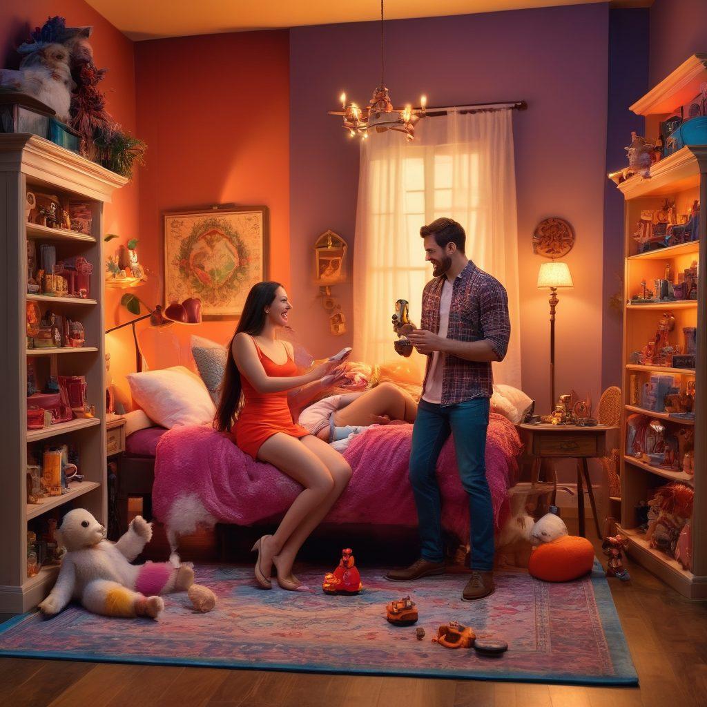 A whimsical and vibrant scene featuring a diverse couple playfully exploring an array of innovative adult toys, surrounded by a cozy, inviting atmosphere filled with soft lighting and colorful decor. Include elements of joy, laughter, and intimacy, with the toys artistically displayed to highlight their unique designs. The focus should be on connection and fun. super-realistic. vibrant colors. warm ambiance.