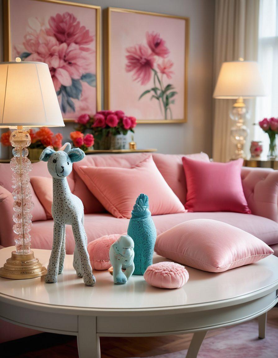 A whimsical and inviting setting featuring an array of colorful and stylish adult toys displayed on a chic, modern table. The scene is set in a cozy, elegantly decorated room with soft lighting, plush cushions, and playful decor elements. Include subtle hints of sensuality, like silk sheets or suggestive art on the walls. The atmosphere is playful yet sophisticated, enticing grown-ups to explore their desires. soft pastel colors. elegant style. cozy ambiance.