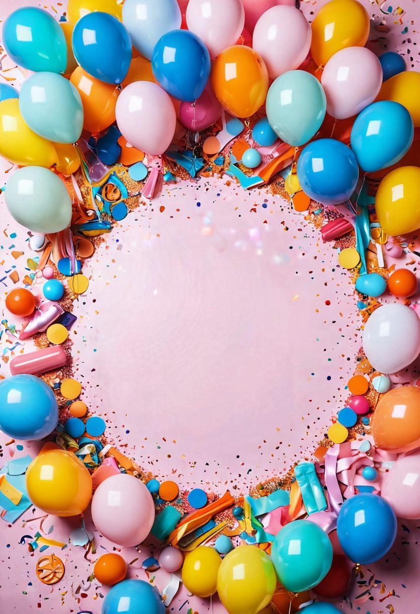 A vibrant and playful display of various adult toys and pleasure products creatively arranged in a circle, surrounded by colorful confetti and bright balloons, emphasizing fun and exploration. The background features a subtle gradient of pastel colors for a soft yet enticing mood. Include whimsical illustrations of smiling characters enjoying the products in the corners. The overall composition should evoke curiosity and joy. super-realistic. vibrant colors. 3D.
